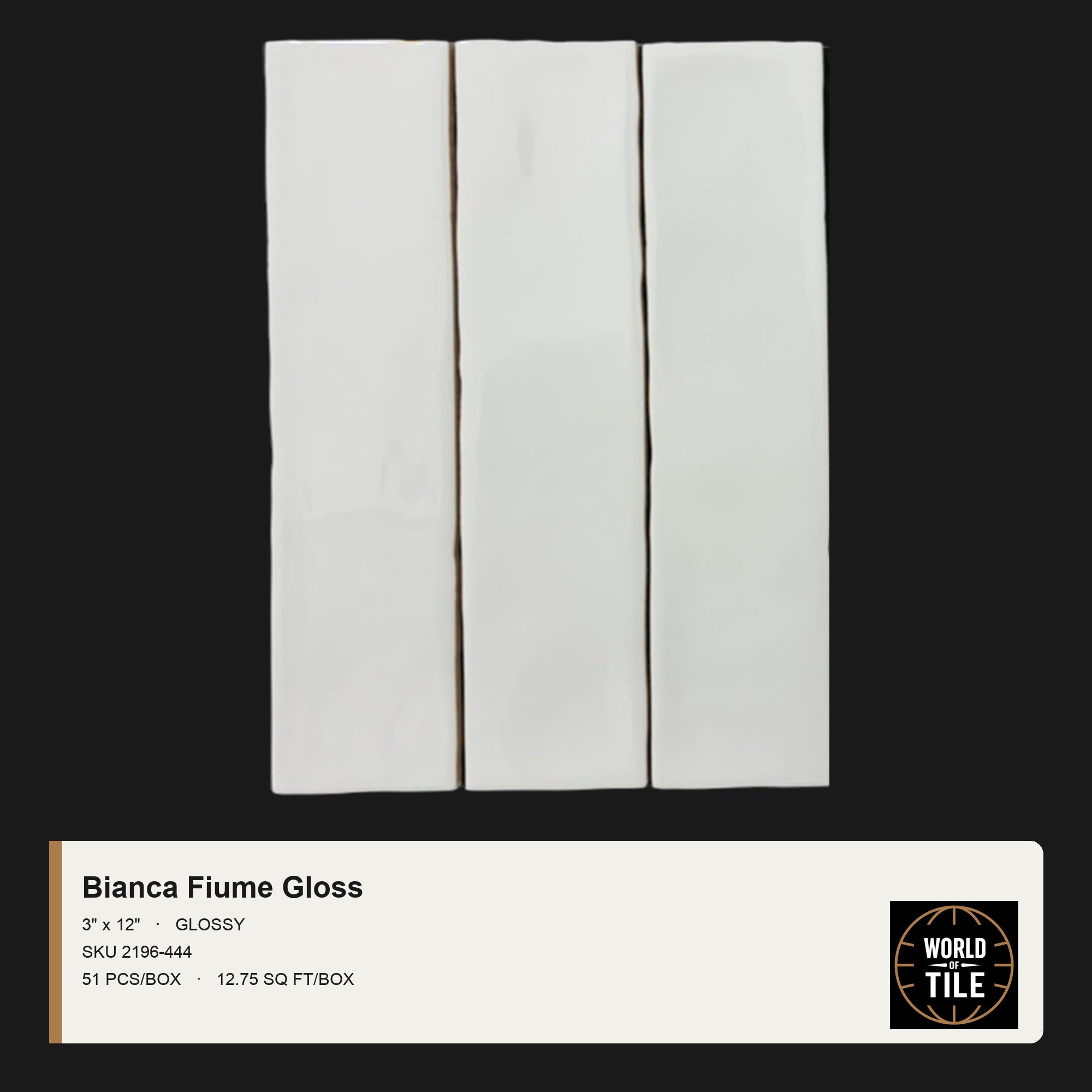 Bianca Fiume Glossy 3x12 white ceramic subway tile