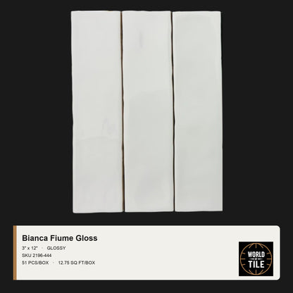 Bianca Fiume Glossy 3x12 white ceramic subway tile