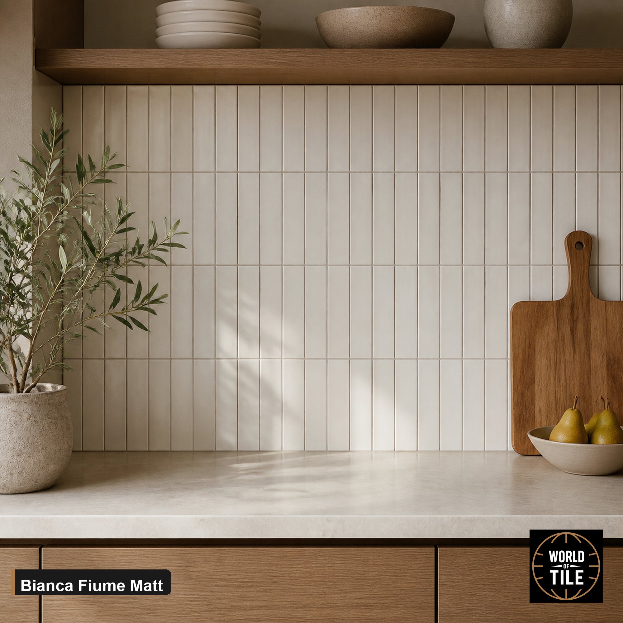 Bianca Fiume Matte subway tile installed as a kitchen backsplash