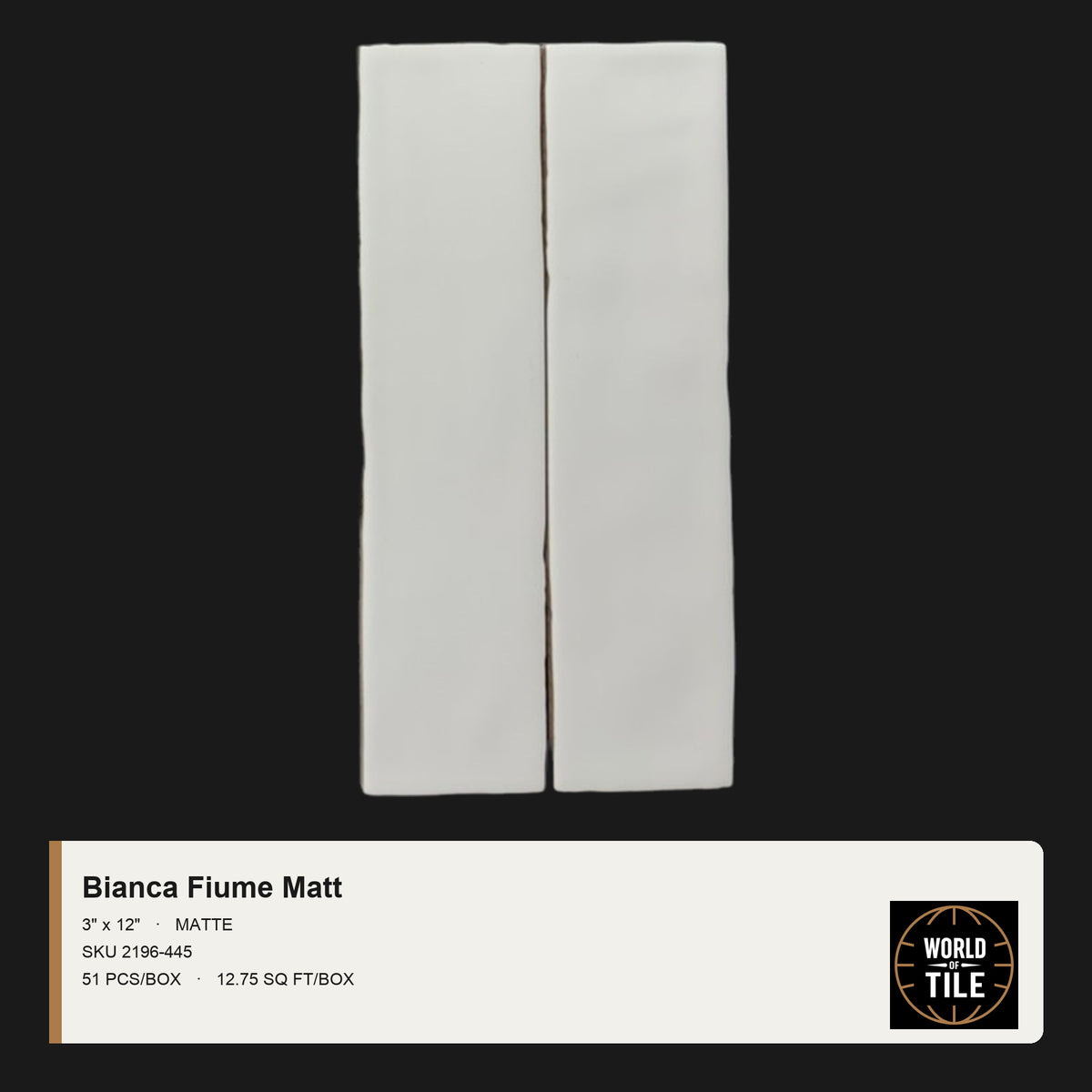 Bianca Fiume Matte 3x12 white ceramic subway tile