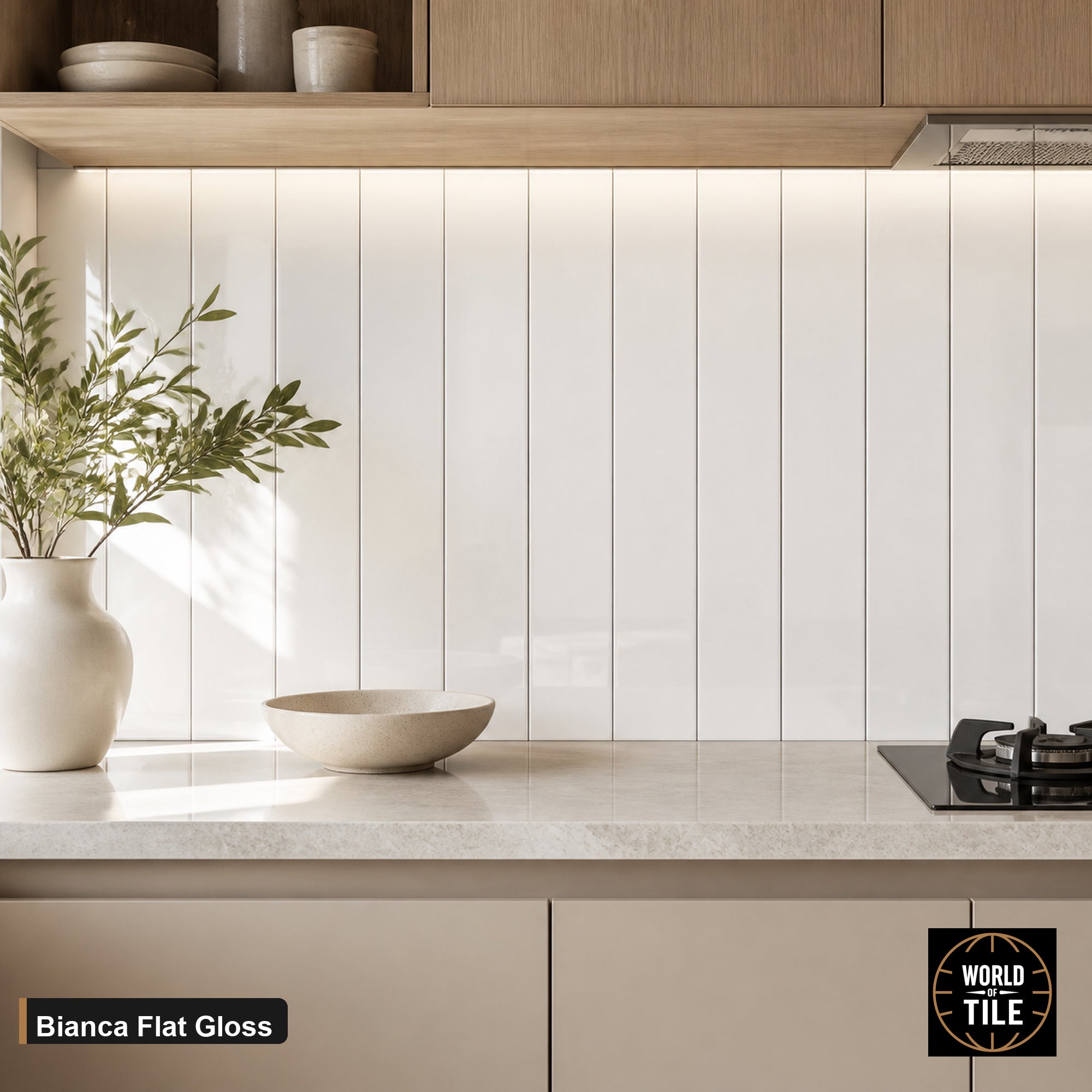 Bianca Flat Gloss subway tile installed as a kitchen backsplash