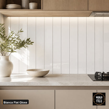 Bianca Flat Gloss subway tile installed as a kitchen backsplash