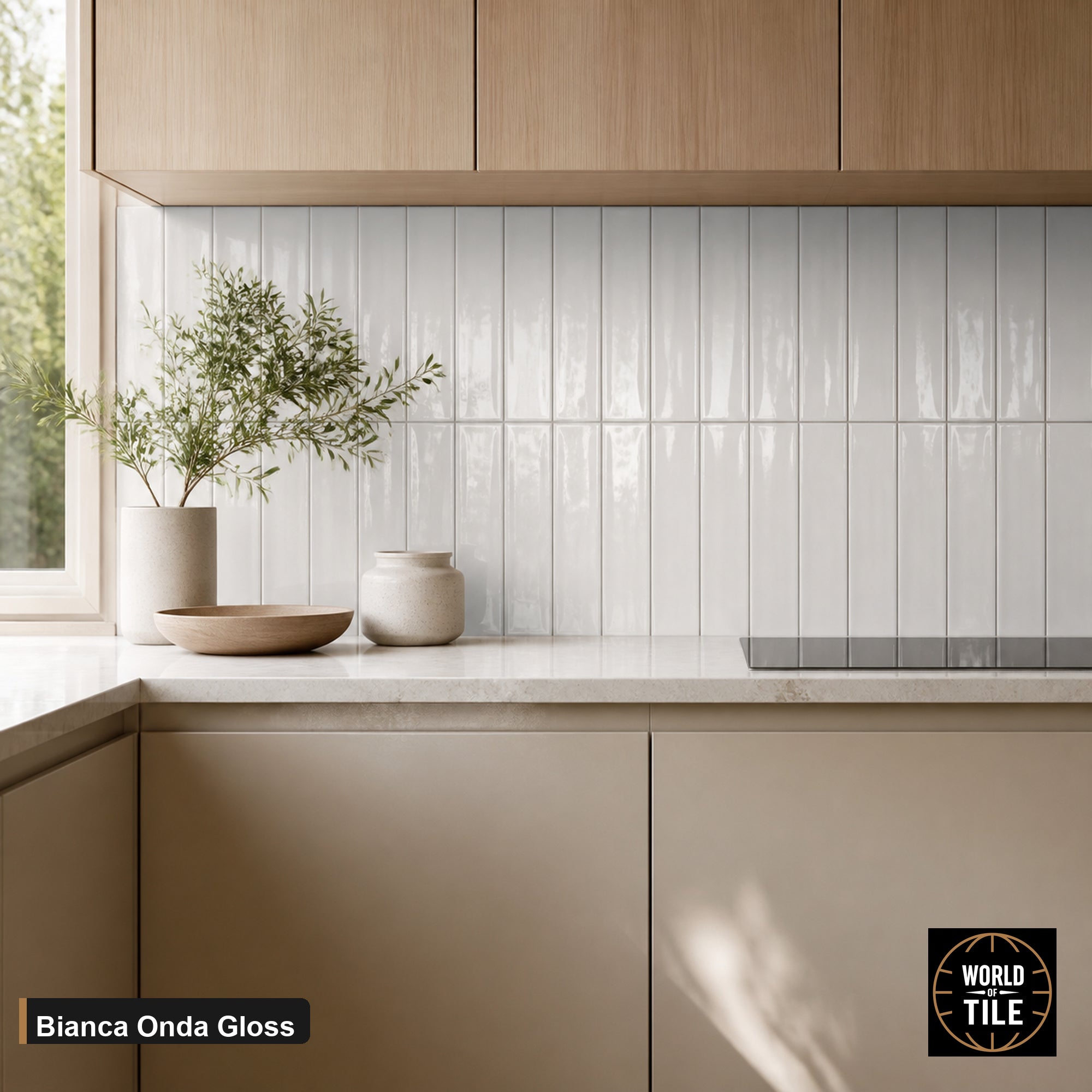 Bianca Onda Gloss subway tile installed as a kitchen backsplash
