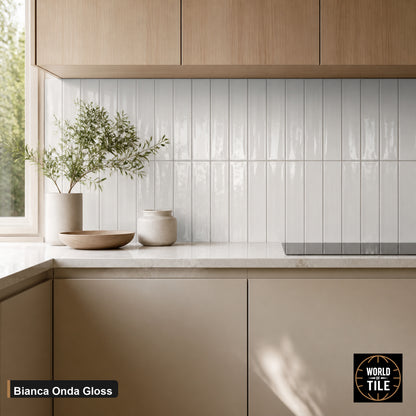 Bianca Onda Gloss subway tile installed as a kitchen backsplash