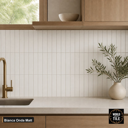 Bianca Onda Matte subway tile installed as a kitchen backsplash
