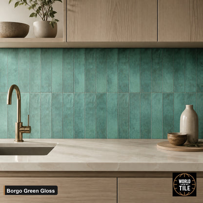 Borgo Green Crackle Gloss subway tile installed as a kitchen backsplash