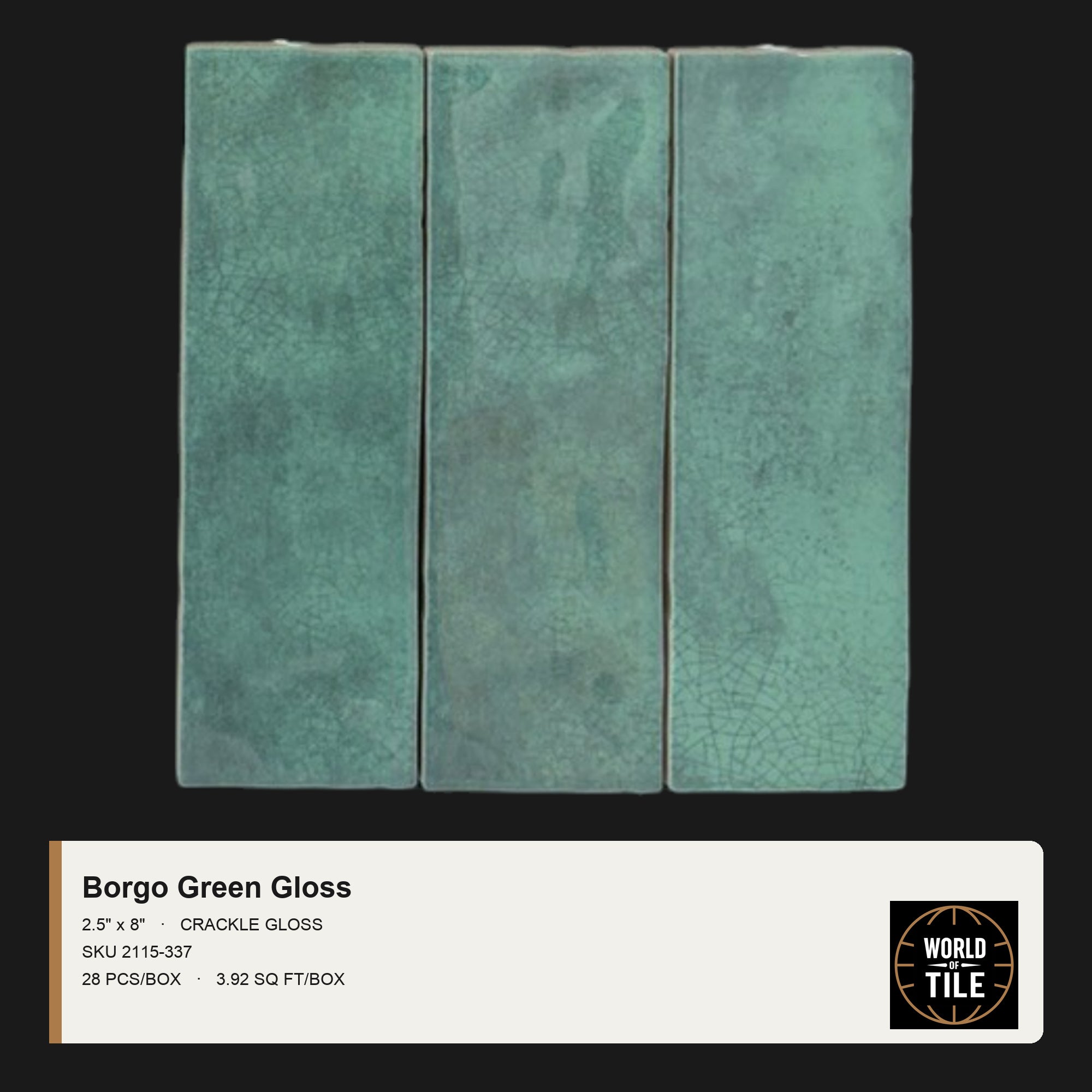 Borgo Green Crackle Gloss 2.5" x 8" ceramic subway tile