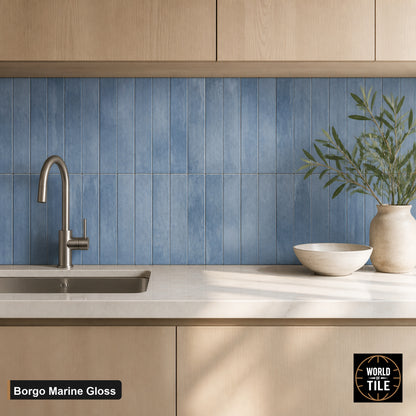 Borgo Marine Crackle Gloss subway tile installed as a kitchen backsplash