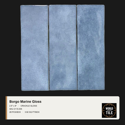 Borgo Marine Crackle Gloss 2.5" x 8" ceramic subway tile