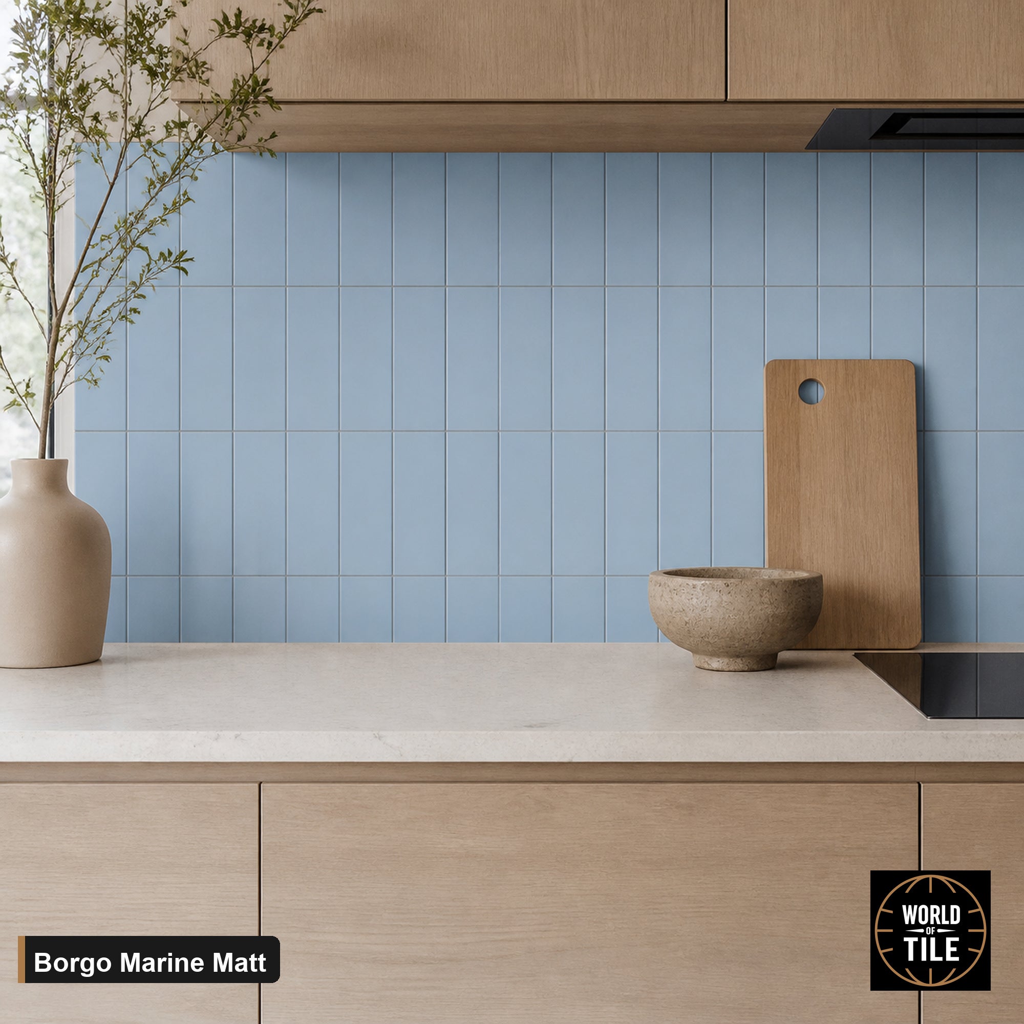 Borgo Marine Matte subway tile installed as a kitchen backsplash