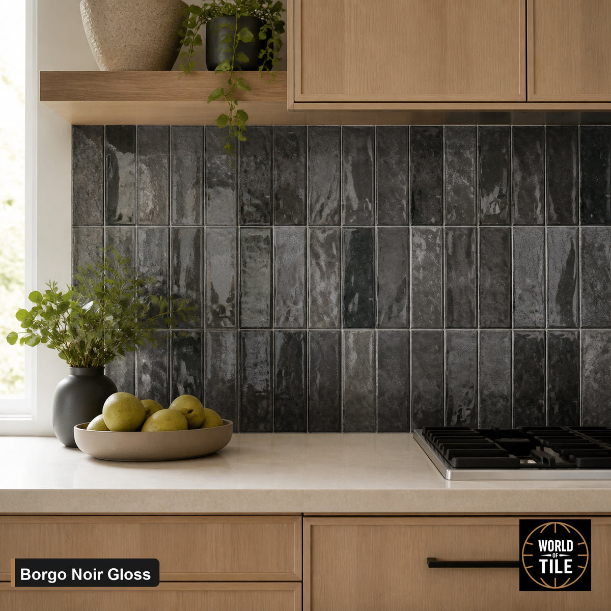 Borgo Noir Crackle Gloss subway tile installed as a kitchen backsplash