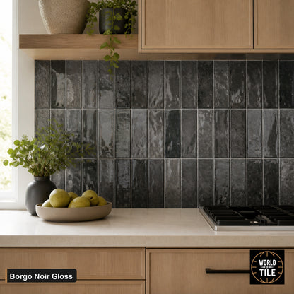 Borgo Noir Crackle Gloss subway tile installed as a kitchen backsplash