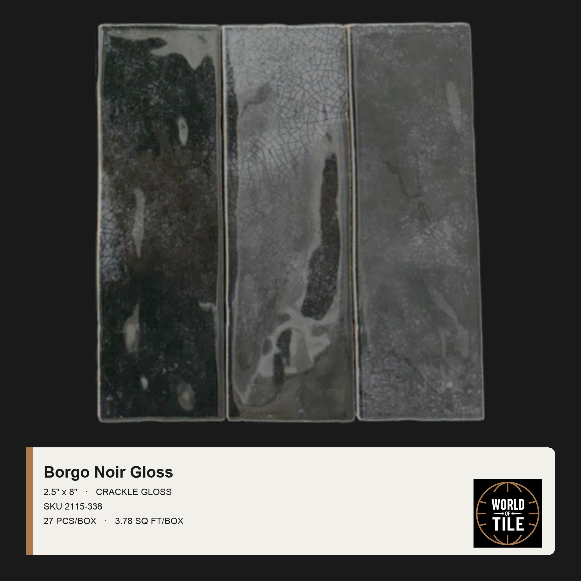 Borgo Noir Crackle Gloss 2.5" x 8" ceramic subway tile