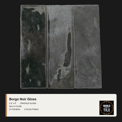 Borgo Noir Crackle Gloss 2.5" x 8" ceramic subway tile