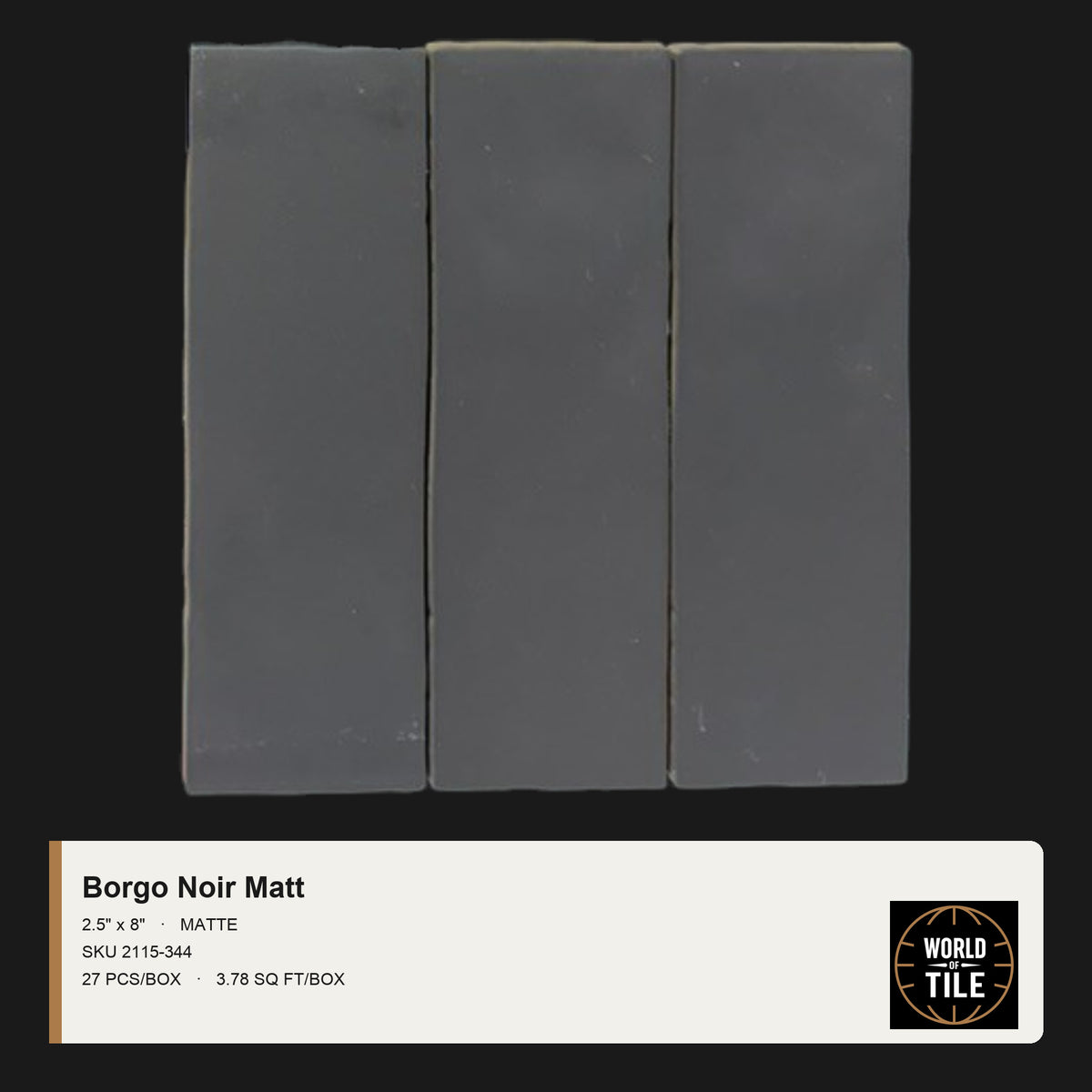 Borgo Noir Matte 2.5" x 8" ceramic subway tile