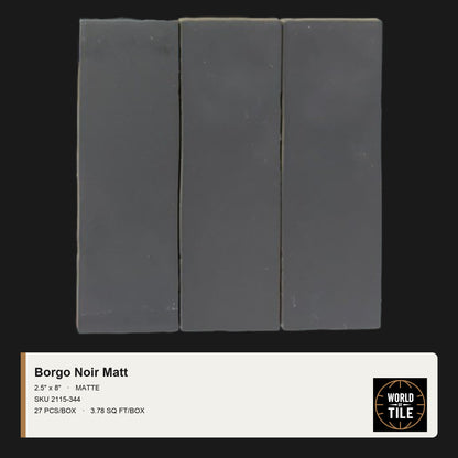Borgo Noir Matte 2.5" x 8" ceramic subway tile