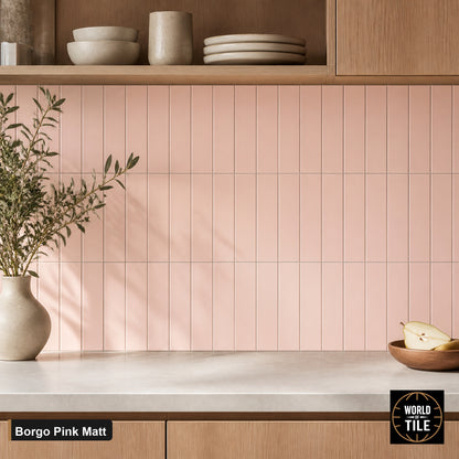 Borgo Pink Matte subway tile installed as a kitchen backsplash