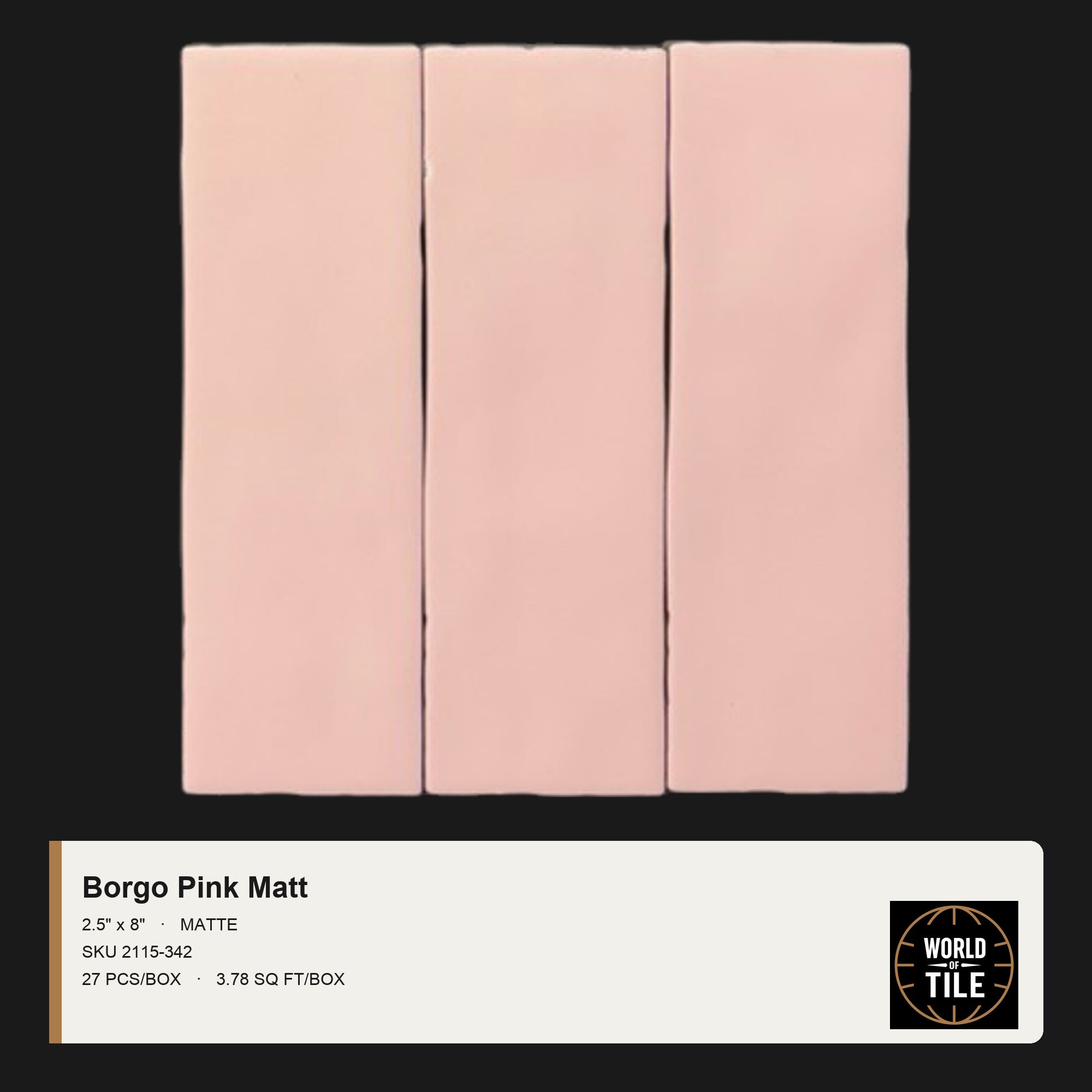 Borgo Pink Matte 2.5" x 8" ceramic subway tile