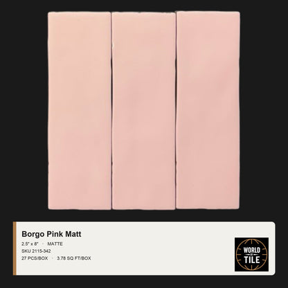 Borgo Pink Matte 2.5" x 8" ceramic subway tile