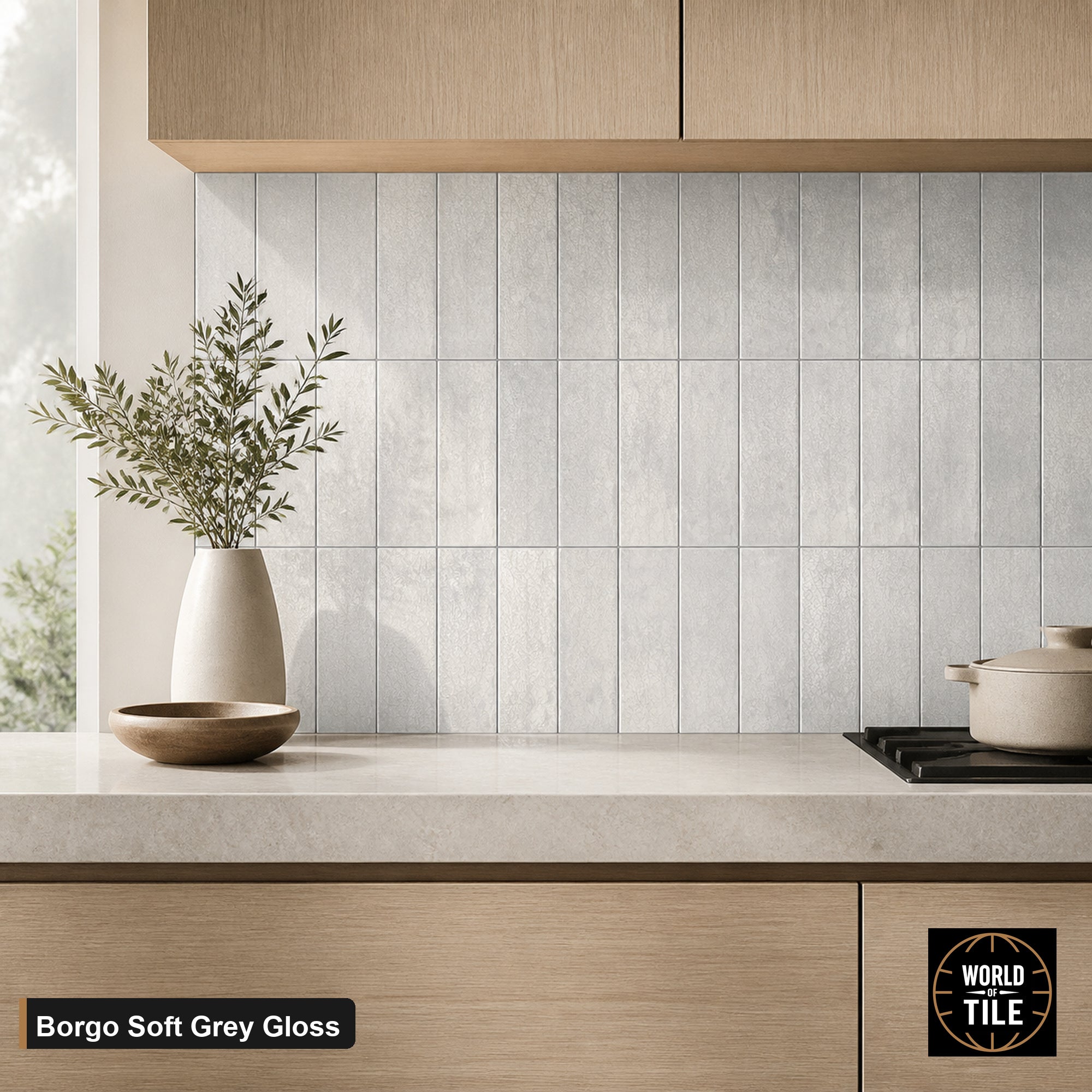 Borgo Soft Grey Crackle Gloss subway tile installed as a kitchen backsplash
