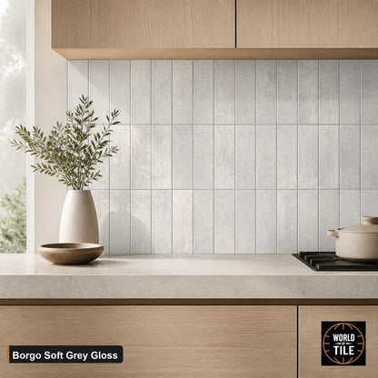 Borgo Soft Grey Crackle Gloss subway tile installed as a kitchen backsplash