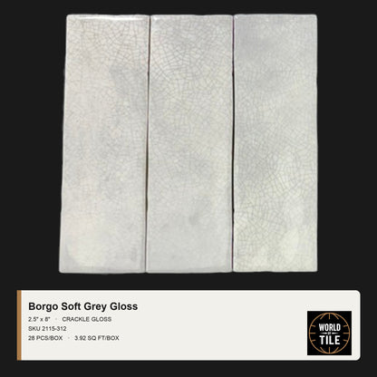 Borgo Soft Grey Crackle Gloss 2.5" x 8" ceramic subway tile