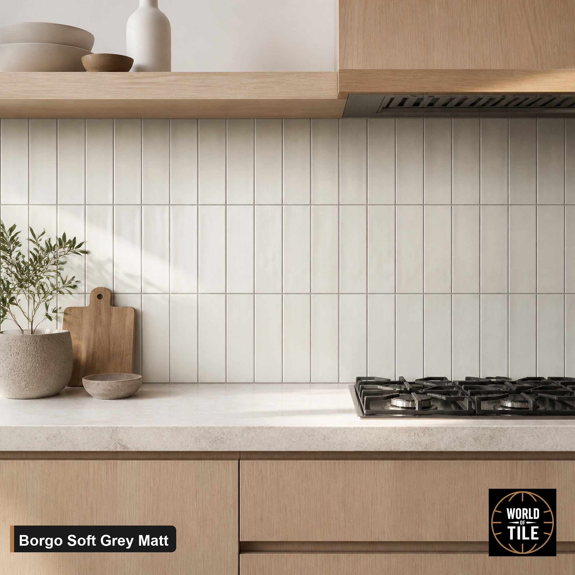 Borgo Soft Grey Matte subway tile installed as a kitchen backsplash