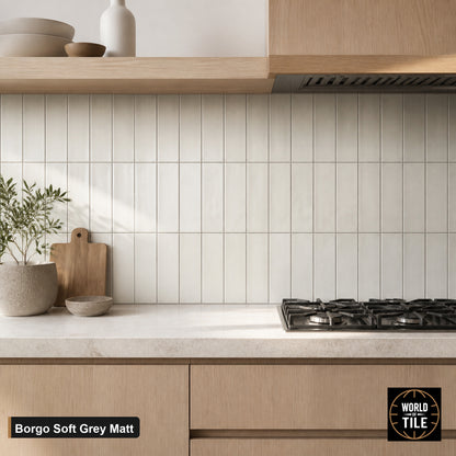 Borgo Soft Grey Matte subway tile installed as a kitchen backsplash