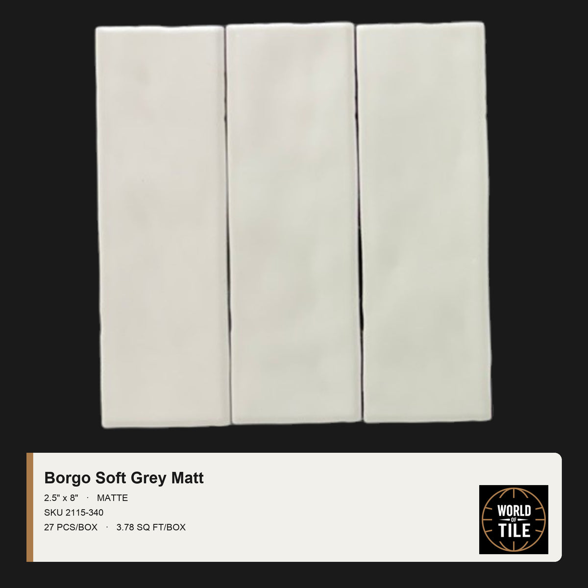 Borgo Soft Grey Matte 2.5" x 8" ceramic subway tile