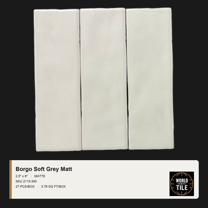 Borgo Soft Grey Matte 2.5" x 8" ceramic subway tile