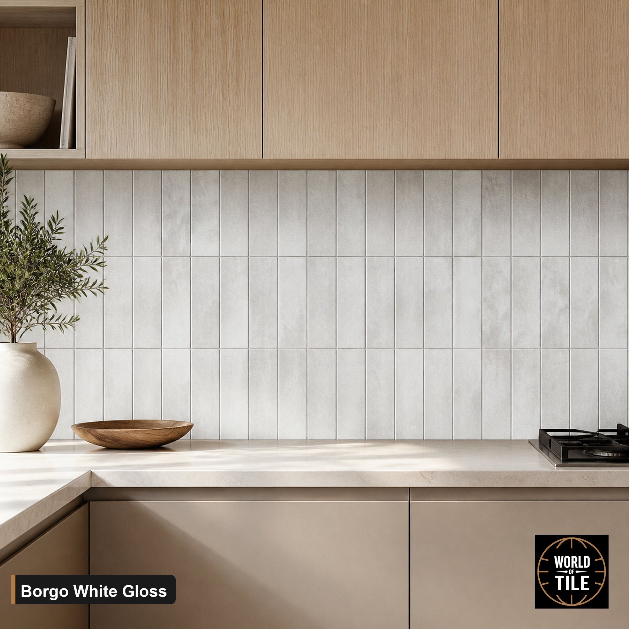 Borgo White Crackle Gloss subway tile installed as a kitchen backsplash
