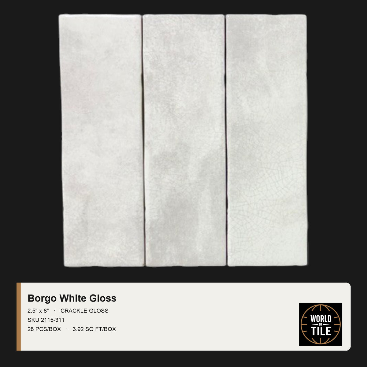 Borgo White Crackle Gloss 2.5" x 8" ceramic subway tile