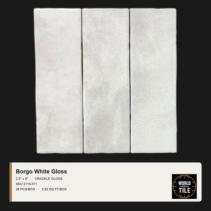 Borgo White Crackle Gloss 2.5" x 8" ceramic subway tile