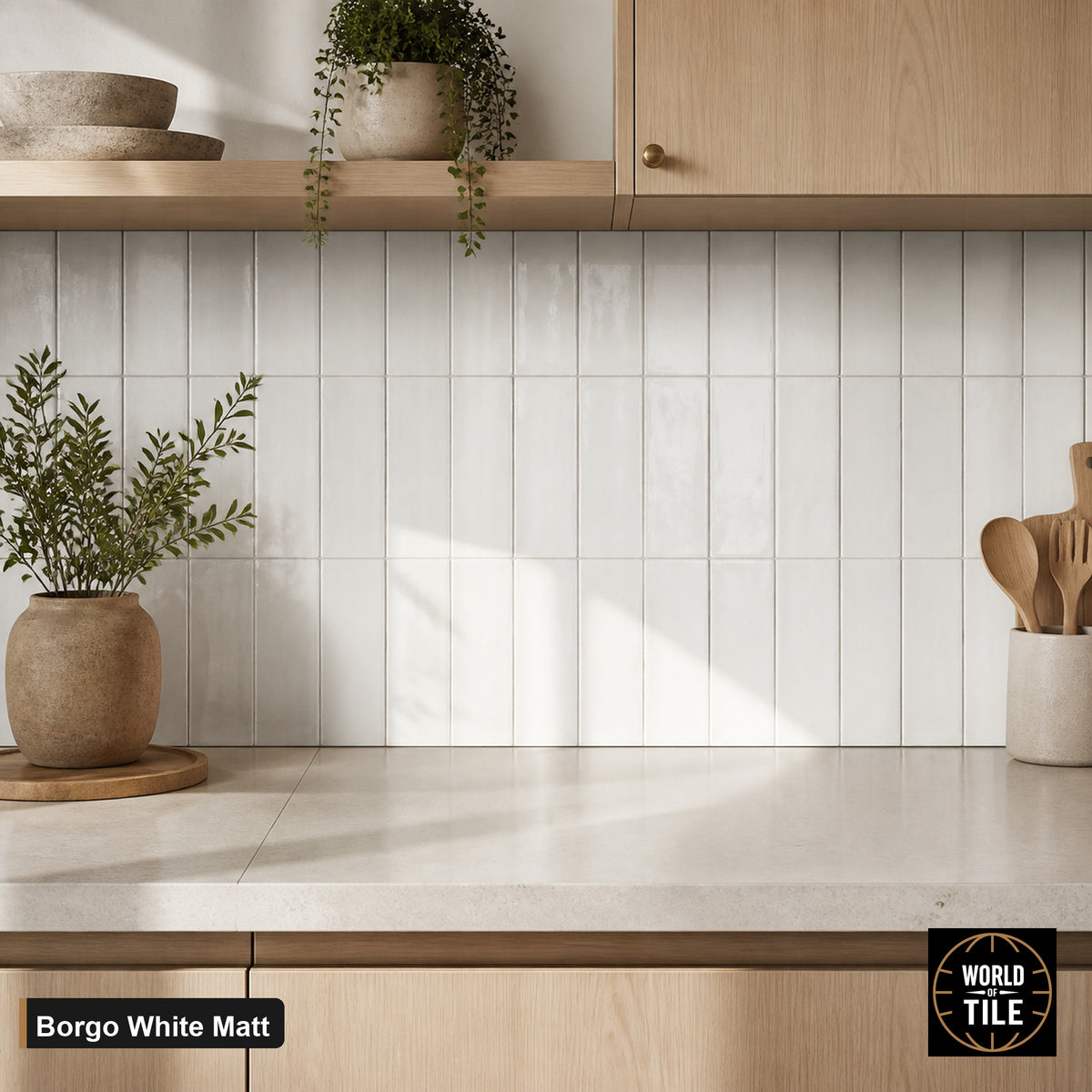 Borgo White Matte subway tile installed as a kitchen backsplash