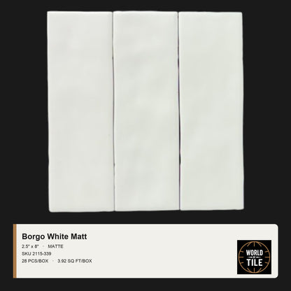Borgo White Matte 2.5" x 8" ceramic subway tile