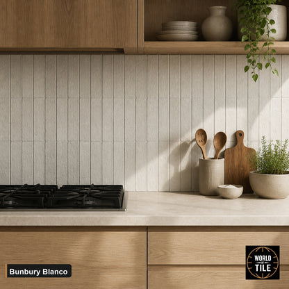 Bunbury Blanco subway tile installed as a kitchen backsplash