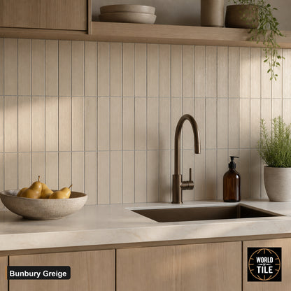 Bunbury Greige subway tile installed as a kitchen backsplash
