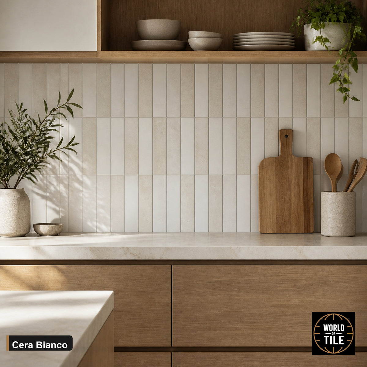 Cera Bianco Matte subway tile installed as a kitchen backsplash