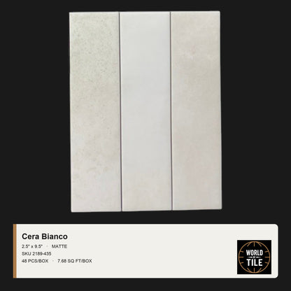 Cera Bianco Matte 2.5" x 9.5" ceramic subway tile