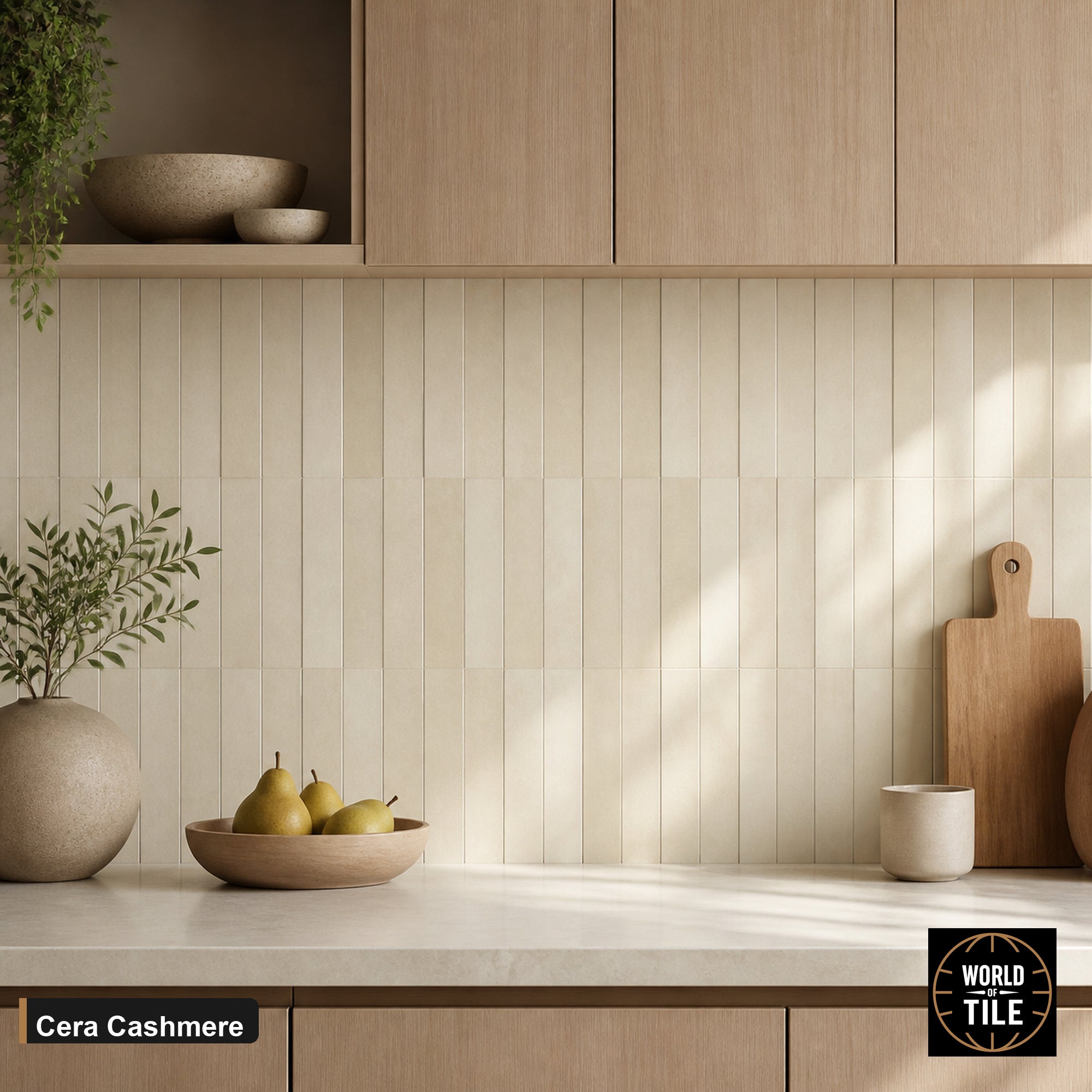 Cera Cashmere Matte subway tile installed as a kitchen backsplash