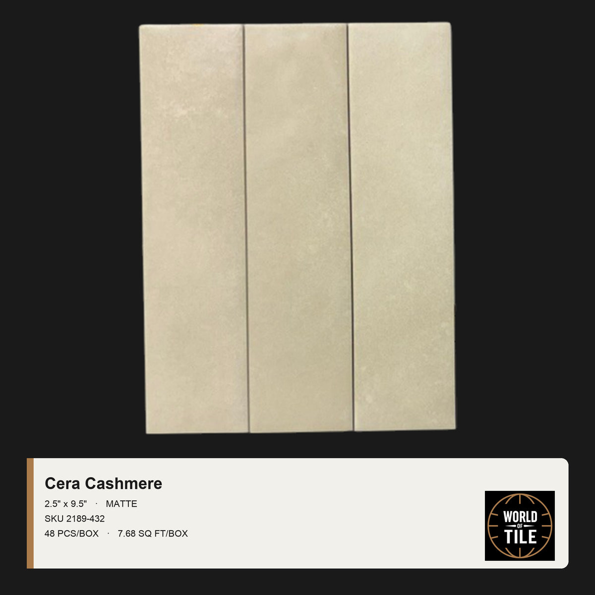 Cera Cashmere Matte 2.5" x 9.5" ceramic subway tile