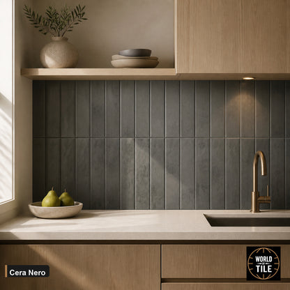 Cera Nero Matte subway tile installed as a kitchen backsplash