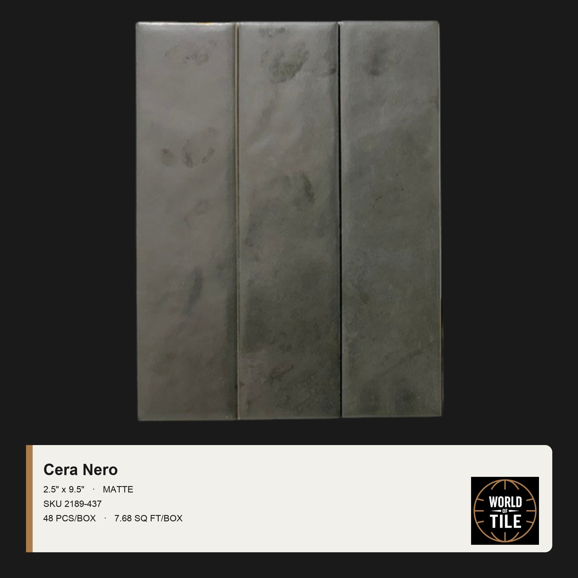 Cera Nero Matte 2.5" x 9.5" ceramic subway tile