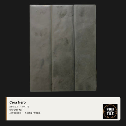 Cera Nero Matte 2.5" x 9.5" ceramic subway tile