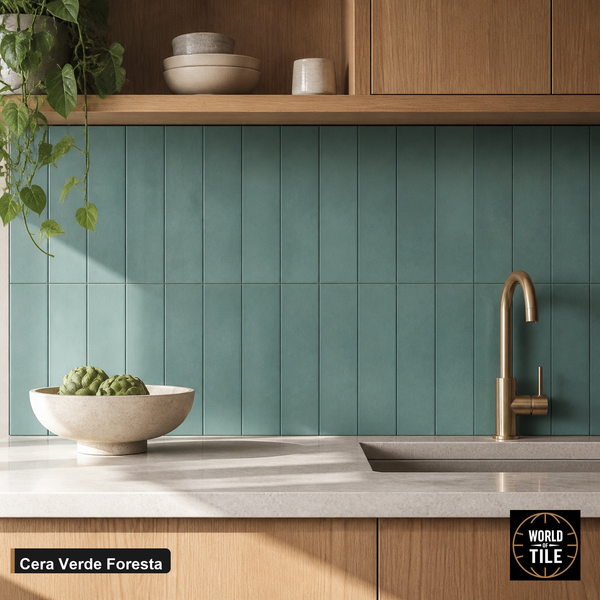 Cera Verde Foresta Matte subway tile installed as a kitchen backsplash