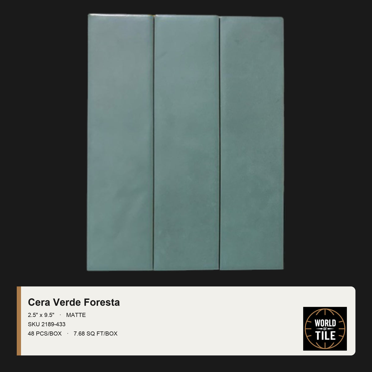 Cera Verde Foresta Matte 2.5" x 9.5" ceramic subway tile