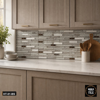 Silver Linear Glass & Metal Mosaic installed as a kitchen backsplash