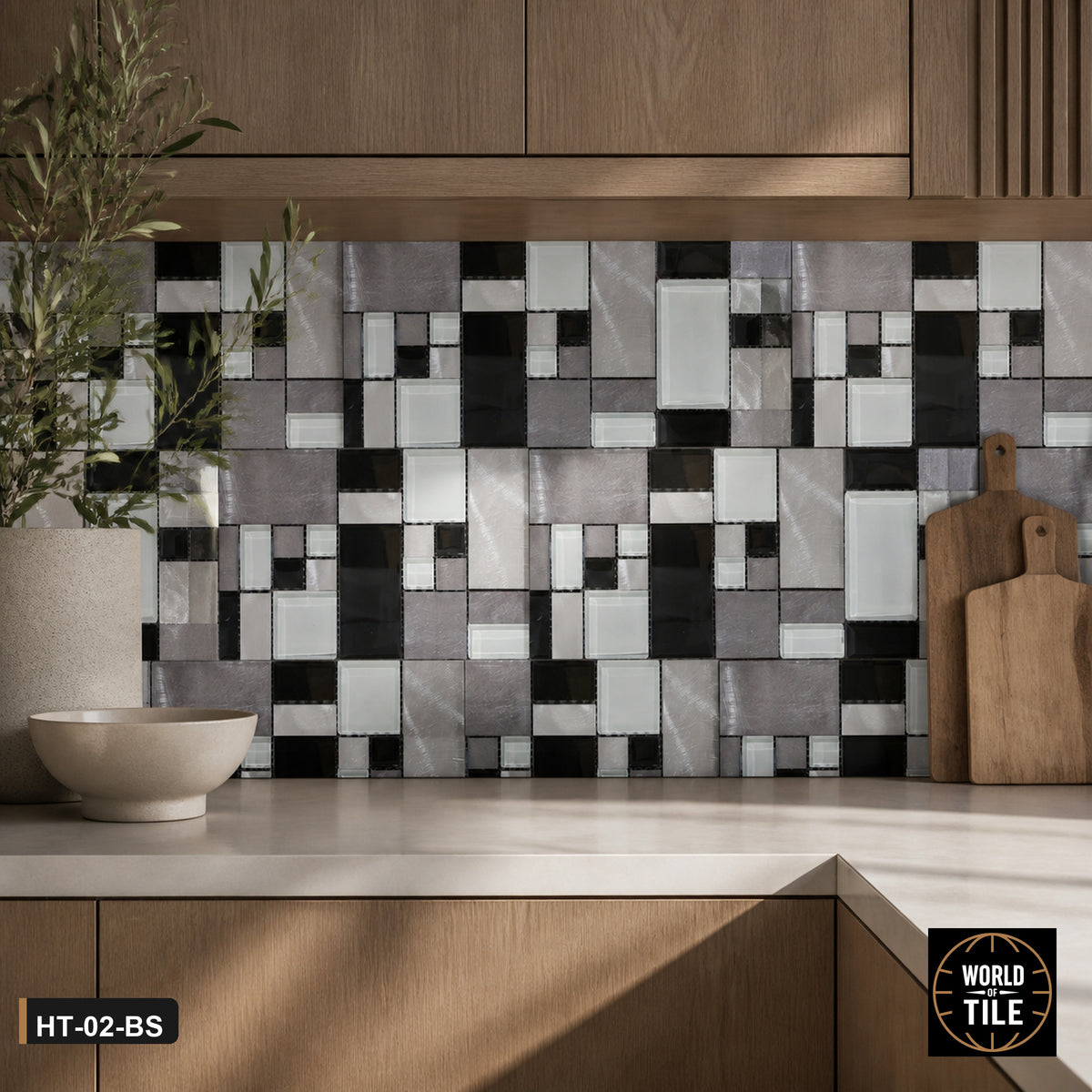 Monochrome Glass & Metal Block Mosaic installed as a kitchen backsplash