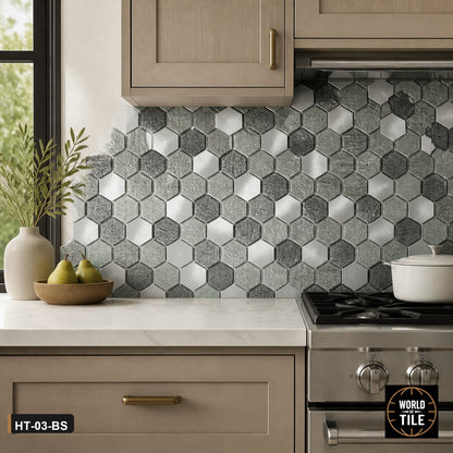 Silver Hexagon Glass & Metal Mosaic installed as a kitchen backsplash