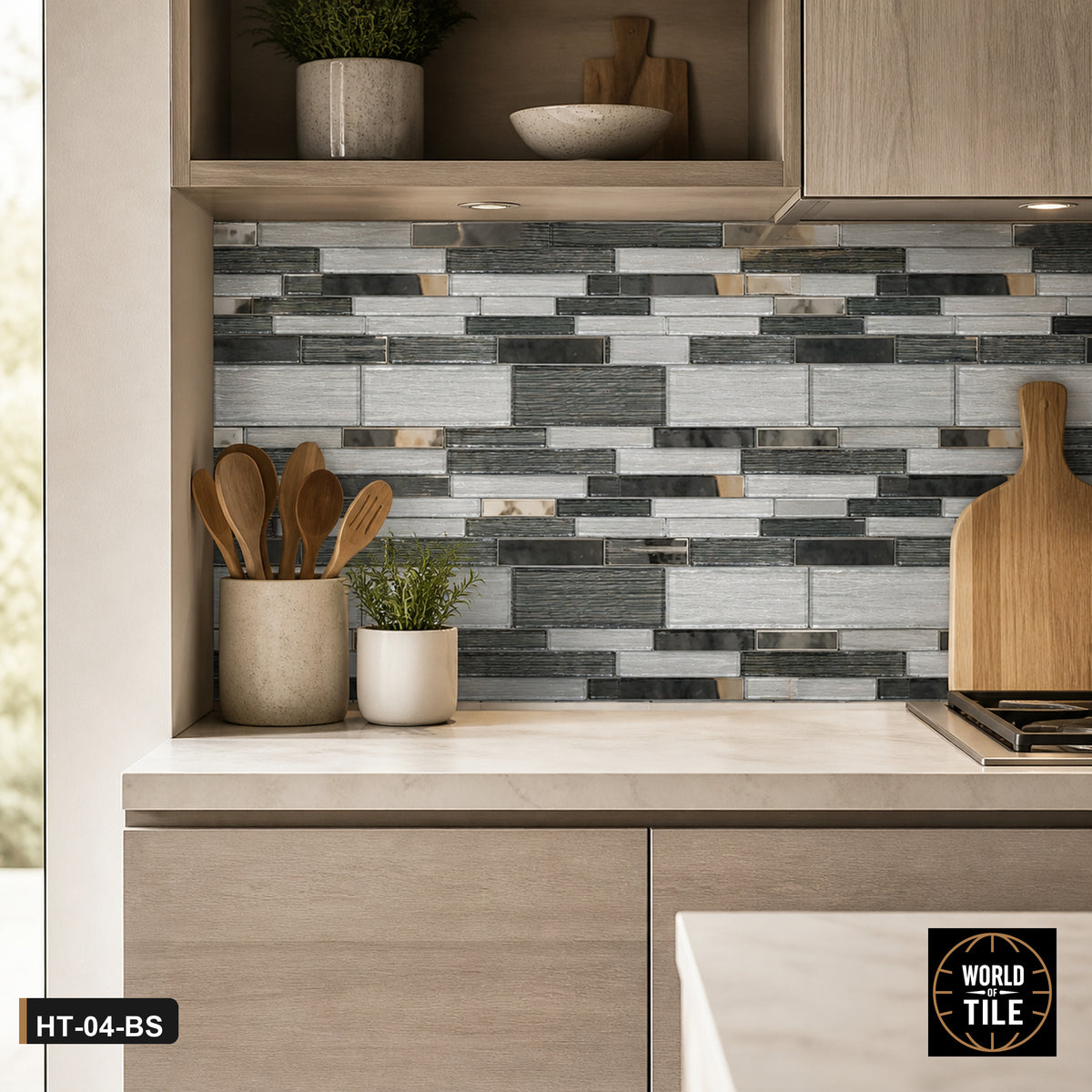 Frost Linear Glass & Metal Mosaic installed as a kitchen backsplash